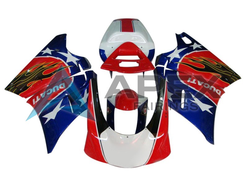 White Red Blue Glossy Black Flame - Ducati 998 (2002-2004) ABS Fairings | Apex Fairings
