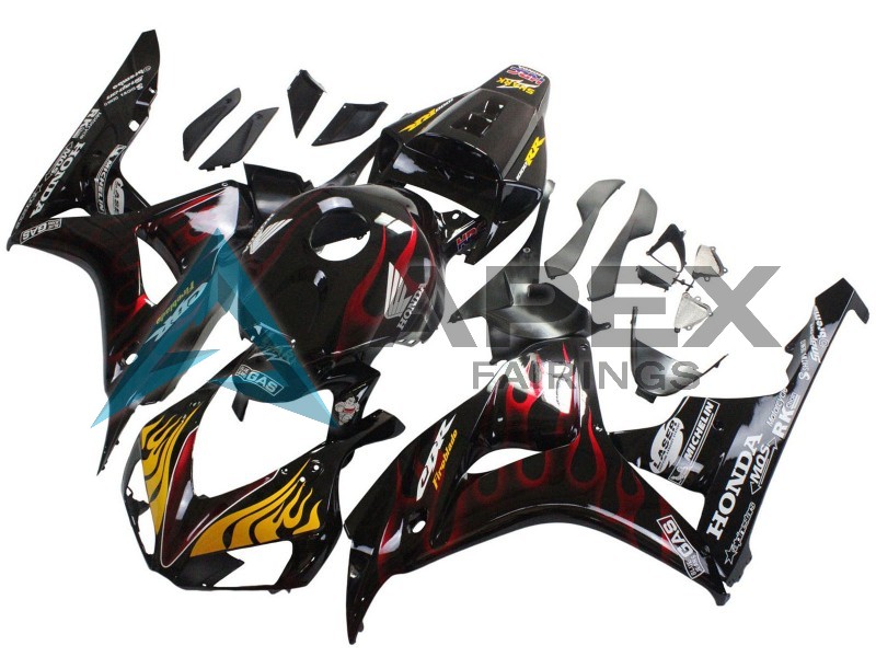 Glossy Black Yellow Red Flame - Honda CBR1000RR Fireblade SC57 II (2006-2007) ABS Fairings | Apex Fairings — view 3