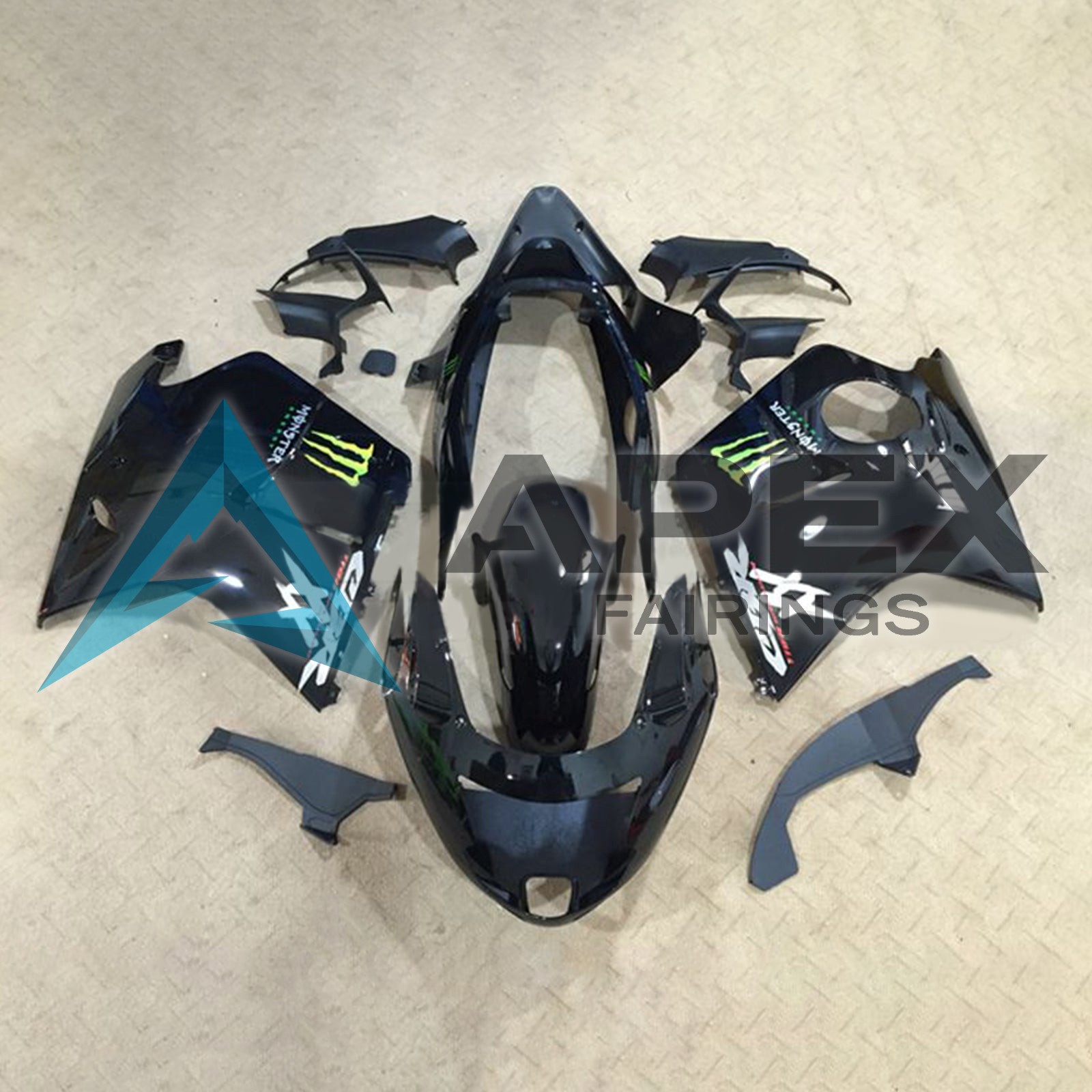 Black with White CBRXX and Monster - Honda CBR1100XX SuperBlackBird (1996-2007) ABS Fairings | Apex Fairings