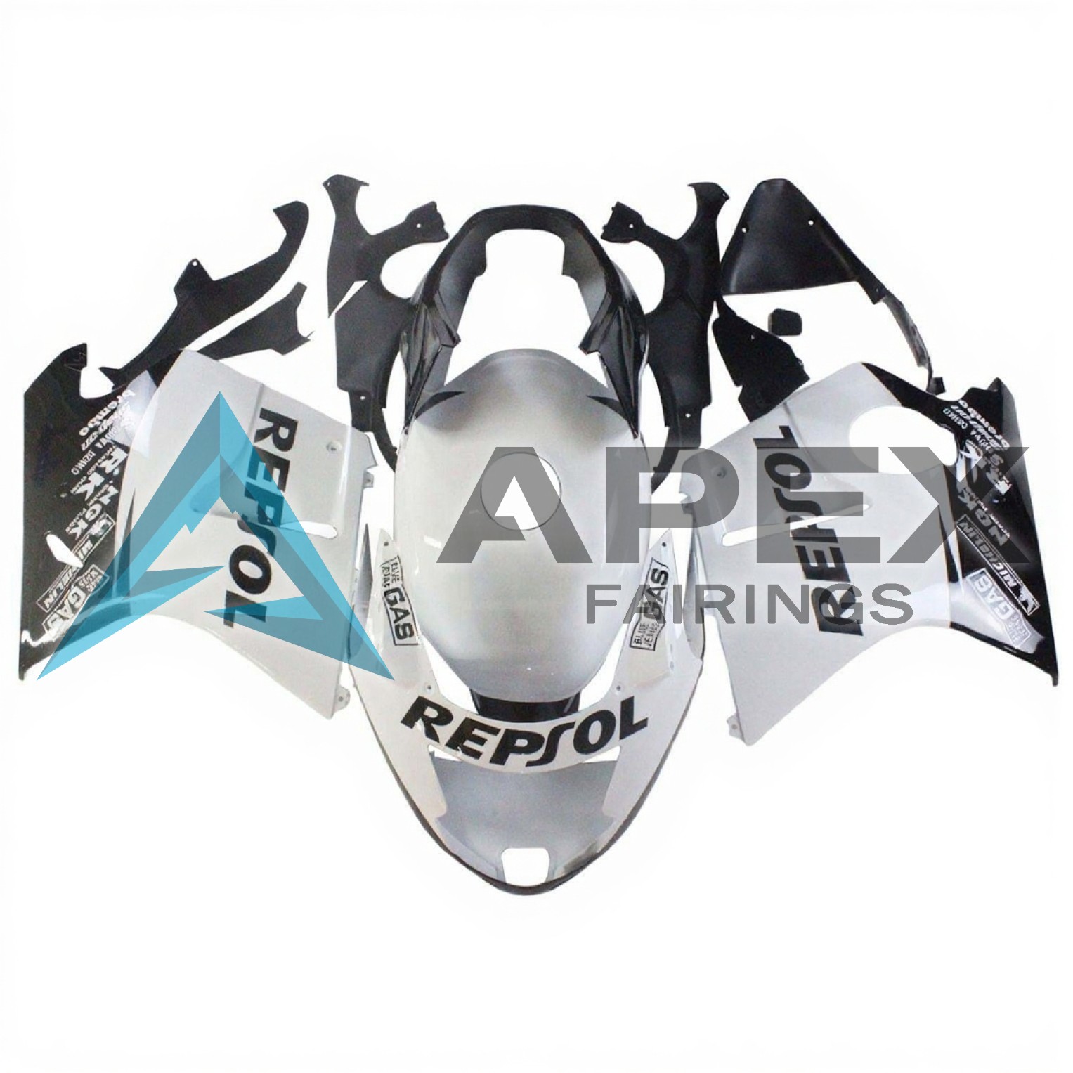 Black & White with Repsol Racing / Michelin / NGK SPARK PLUGS / RK TAKASAGO CHAIN / BREMBO - Honda CBR1100XX SuperBlackBird (1996-2007) ABS Fairings | Apex Fairings