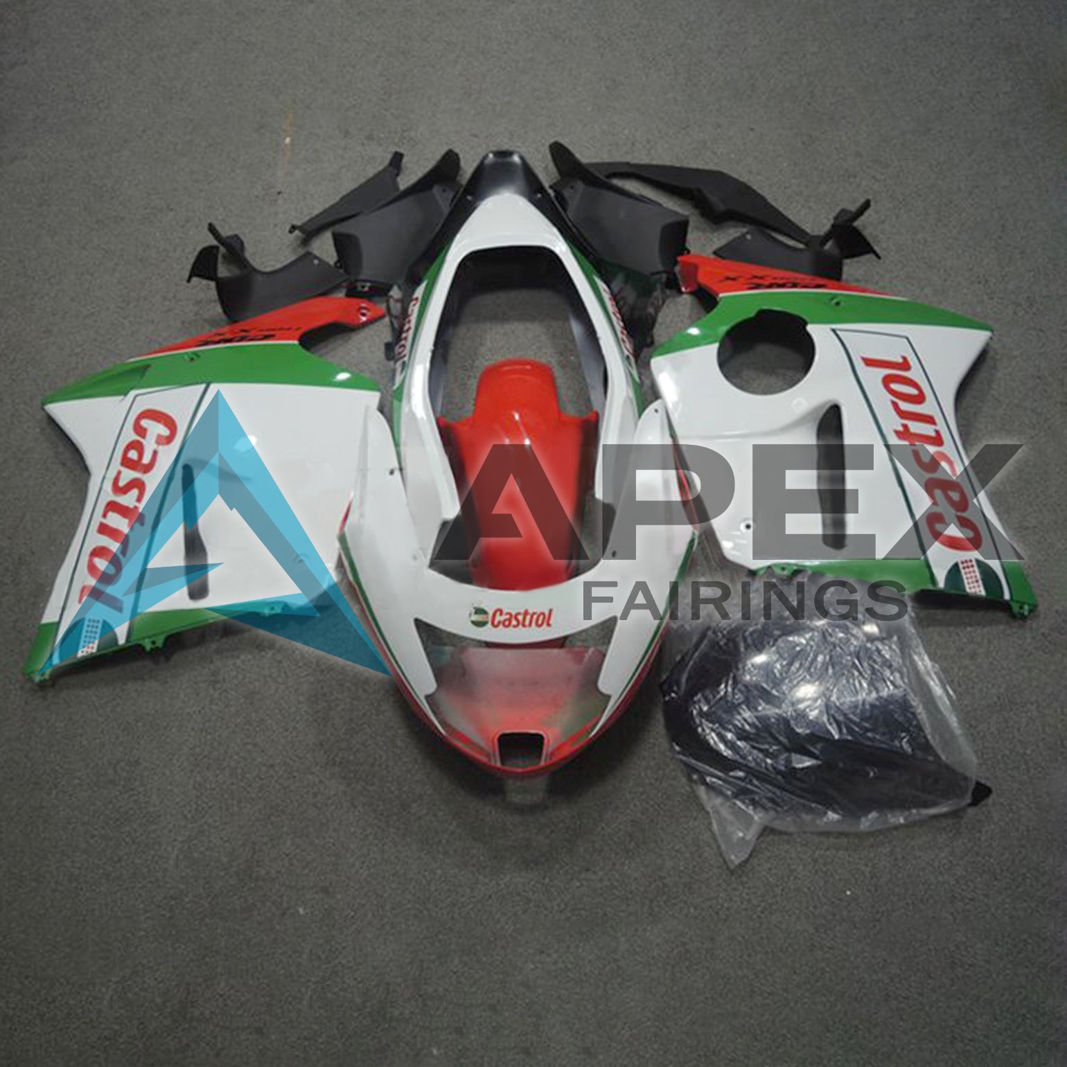 White & Green with Castrol Logo - Honda CBR1100XX SuperBlackBird (1996-2007) ABS Fairings | Apex Fairings