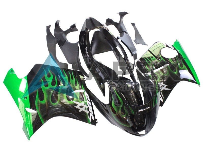 Glossy Black Green Flame  - Honda CBR1100XX Super Blackbird SC35 (1996-2007) ABS Fairings | Apex Fairings — view 2