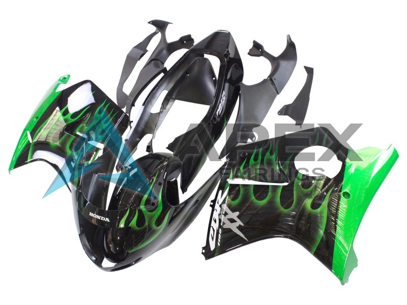Glossy Black Green Flame  - Honda CBR1100XX Super Blackbird SC35 (1996-2007) ABS Fairings | Apex Fairings — view 3