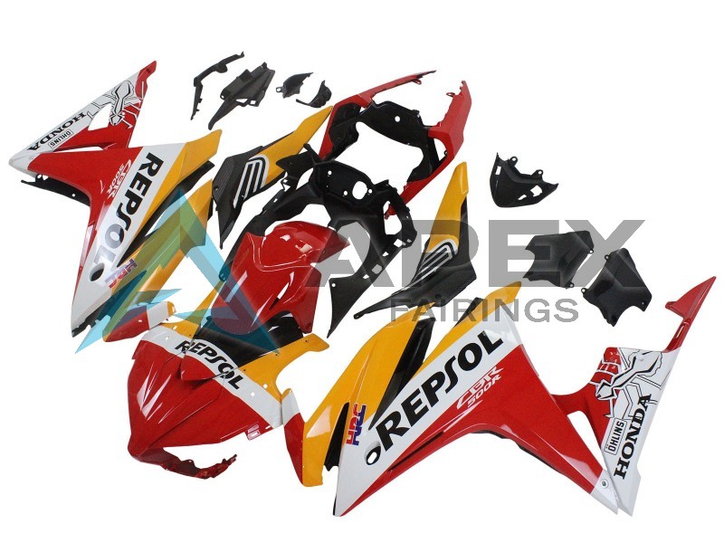 Yellow White Red Repsol HRC - Honda CBR500R (2016-2018) ABS Fairings | Apex Fairings — view 3