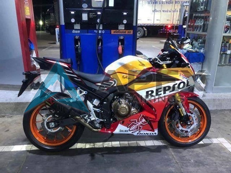 Yellow White Red Repsol HRC - Honda CBR500R (2016-2018) ABS Fairings | Apex Fairings — view 4