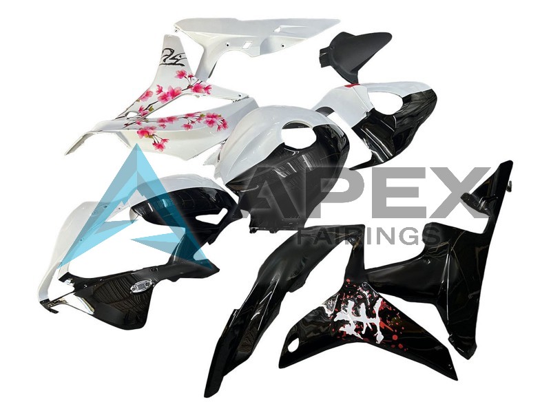 White Cherry Blossom Glossy Black Split - Honda CBR600RR (2007-2008) ABS Fairings | Apex Fairings — view 2