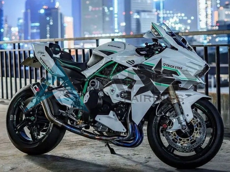 White with Green Lines - Kawasaki Ninja H2 (2015-2022) ABS Fairings | Apex Fairings
