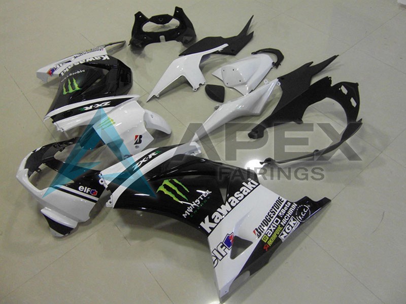 White Glossy Black GREEN Elf Monster - Kawasaki Ninja250 / EX250 / ZX-250R (2008-2012) ABS Fairings | Apex Fairings