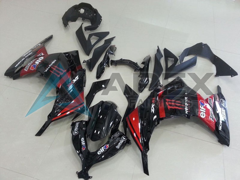 Glossy Black Red Elf Touch4 Monster - Kawasaki Ninja300 / EX300 / ZX-300R (2013-2018) ABS Fairings | Apex Fairings