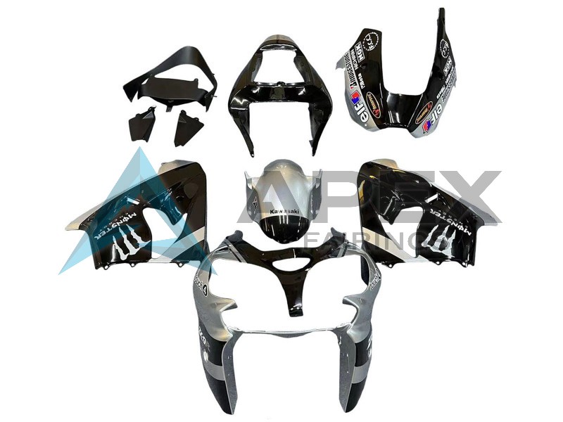 Silver Glossy Black Monster Elf - Kawasaki ZX-9R (2002-2003) ABS Fairings | Apex Fairings