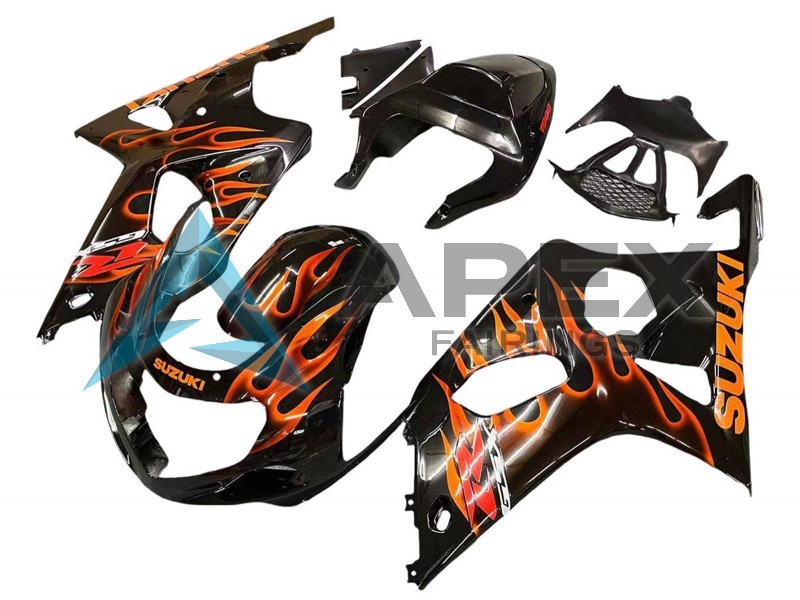Glossy Black Orange Flame - Suzuki GSX-R1000 (2000-2002) ABS Fairings | Apex Fairings — view 2