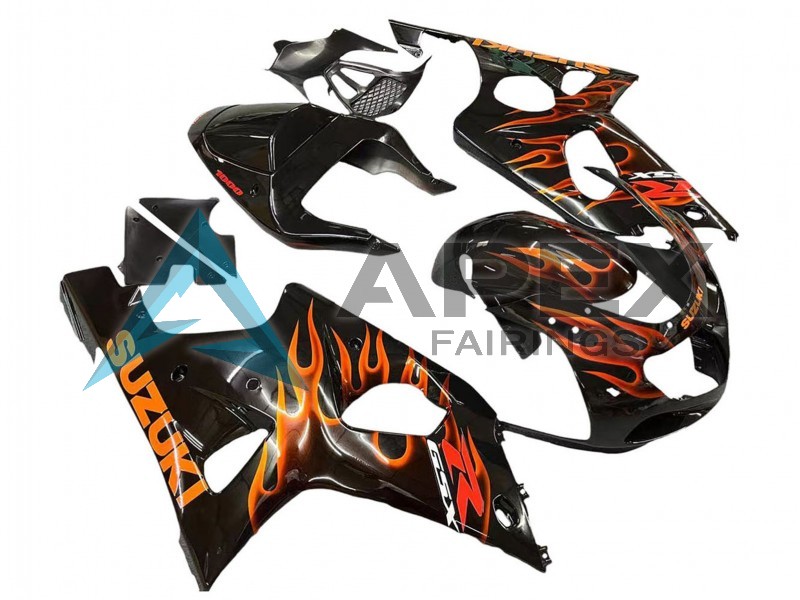 Glossy Black Orange Flame - Suzuki GSX-R1000 (2000-2002) ABS Fairings | Apex Fairings — view 3