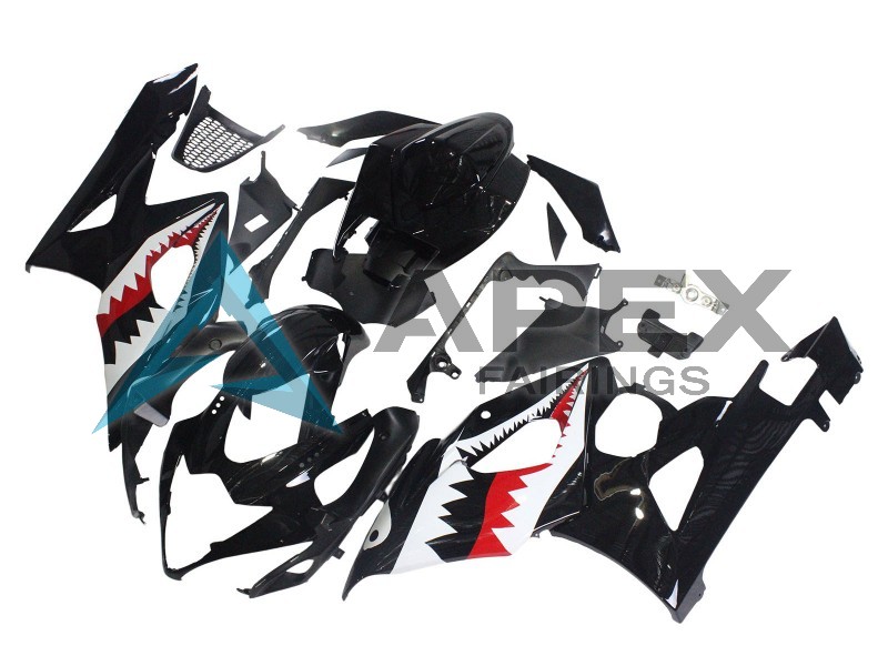 Glossy Black Red White Shark - Suzuki GSX-R1000 (2005-2006) ABS Fairings | Apex Fairings — view 2