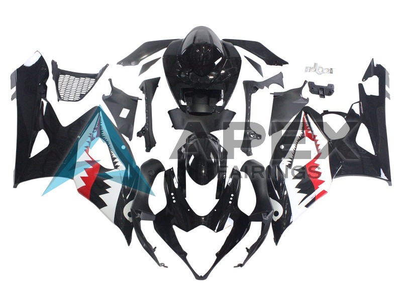 Glossy Black Red White Shark - Suzuki GSX-R1000 (2005-2006) ABS Fairings | Apex Fairings — view 3