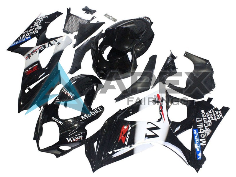 Glossy Black White West - Suzuki GSX-R1000 (2007-2008) ABS Fairings | Apex Fairings — view 3