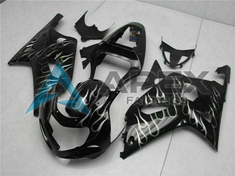 Glossy Black Silver Flame - Suzuki GSX-R600 (2001-2003) ABS Fairings | Apex Fairings — view 2