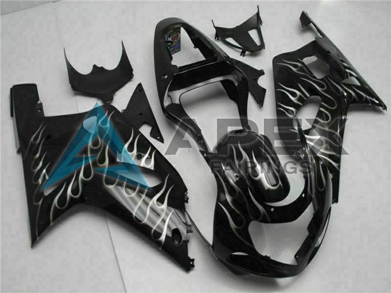 Glossy Black Silver Flame - Suzuki GSX-R600 (2001-2003) ABS Fairings | Apex Fairings — view 3