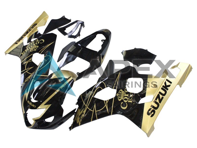Glossy Black Gold Corona - Suzuki GSX-R600 (2004-2005) ABS Fairings | Apex Fairings — view 2