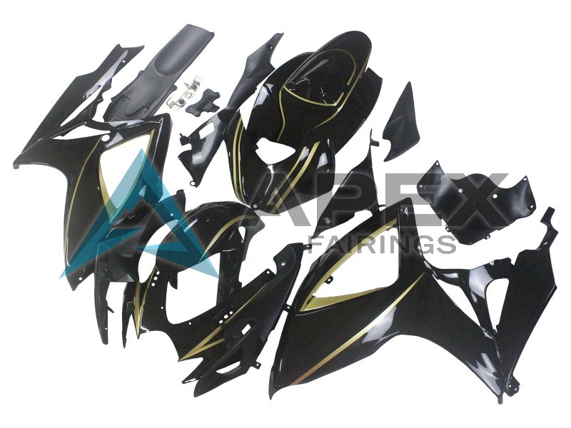 Glossy Black Gold Stripe - Suzuki GSX-R750 (2006-2007) ABS Fairings | Apex Fairings — view 2