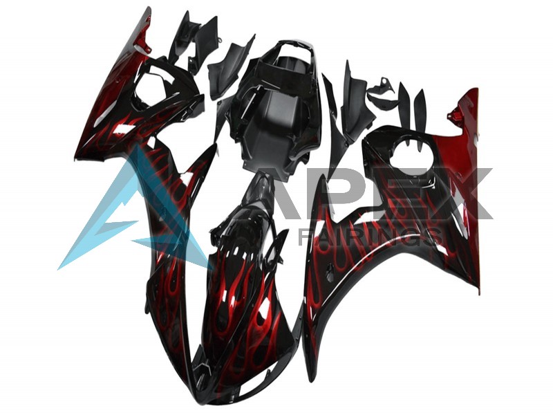 Glossy Black Red Flame - Yamaha R6 / YZF-R6 (2003-2004) ABS Fairings | Apex Fairings — view 2