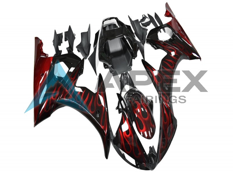 Glossy Black Red Flame - Yamaha R6 / YZF-R6 (2003-2004) ABS Fairings | Apex Fairings — view 3