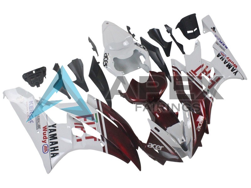 White Maroon Red Fiat Acer Yamalube - Yamaha R6 / YZF-R6 (2006-2007) ABS Fairings | Apex Fairings — view 2