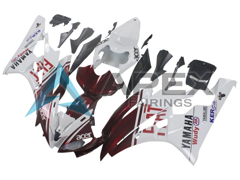 White Maroon Red Fiat Acer Yamalube - Yamaha R6 / YZF-R6 (2006-2007) ABS Fairings | Apex Fairings — view 3