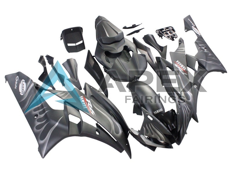 Matte Black Silver Flame - Yamaha R6 / YZF-R6 (2006-2007) ABS Fairings | Apex Fairings — view 3