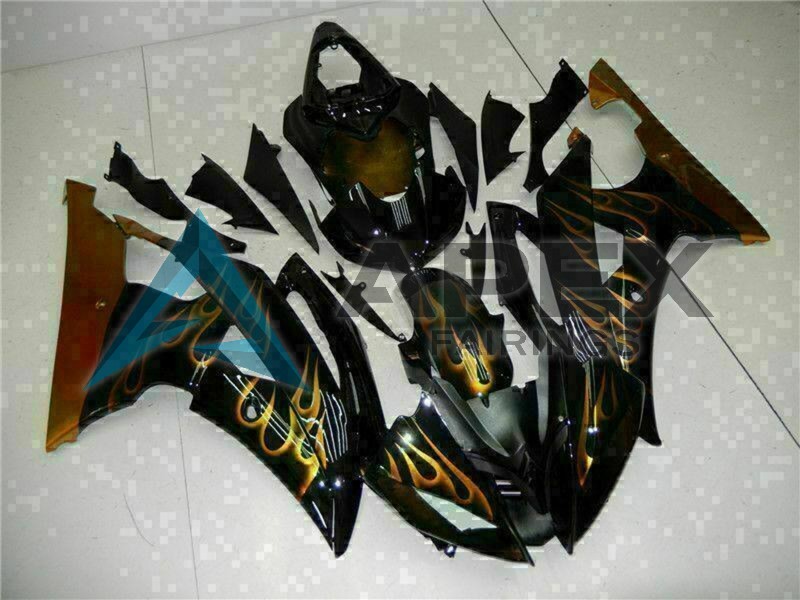 Glossy Black Gold Flame - Yamaha R6 / YZF-R6 (2008-2016) ABS Fairings | Apex Fairings — view 2
