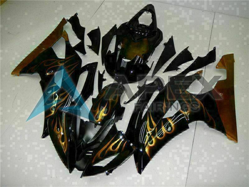 Glossy Black Gold Flame - Yamaha R6 / YZF-R6 (2008-2016) ABS Fairings | Apex Fairings — view 3