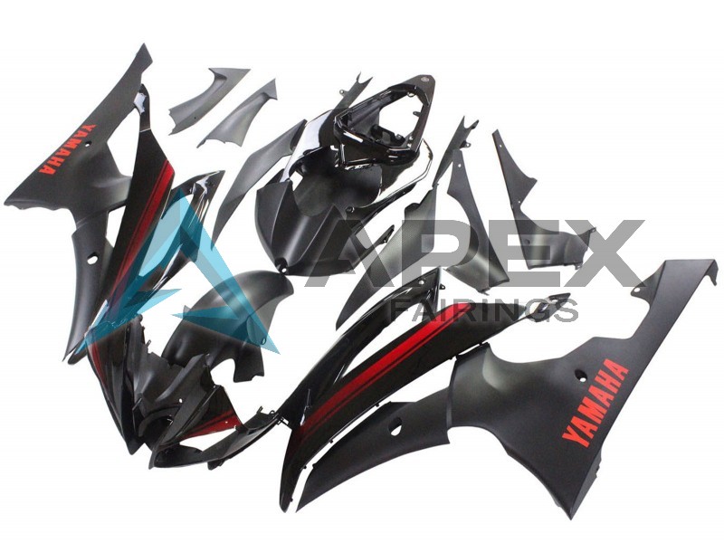 Glossy Black Matte Black Red Stripe - Yamaha R6 / YZF-R6 (2008-2016) ABS Fairings | Apex Fairings — view 2